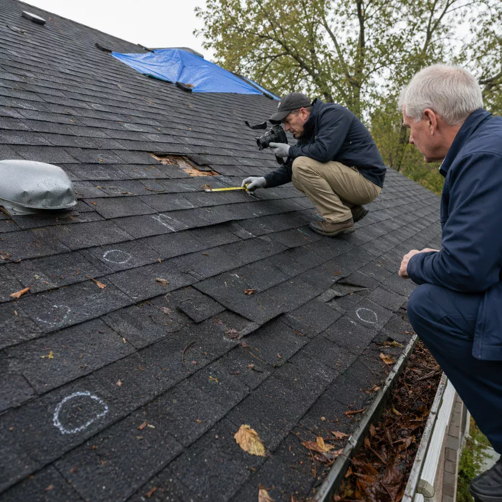 Storm damage documentation Wind-lifted shingles after a North Carolina storm, documented for an insurance claim