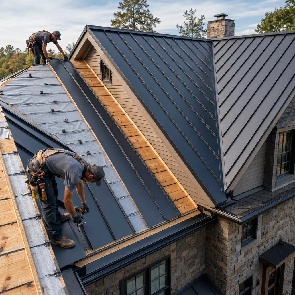 Metal roofing installation Standing seam metal roof panels installed on a the Charlotte area home