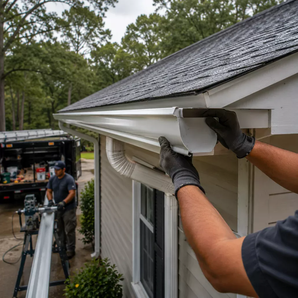 Seamless gutter installation Seamless gutters and downspout installed along a new roofline