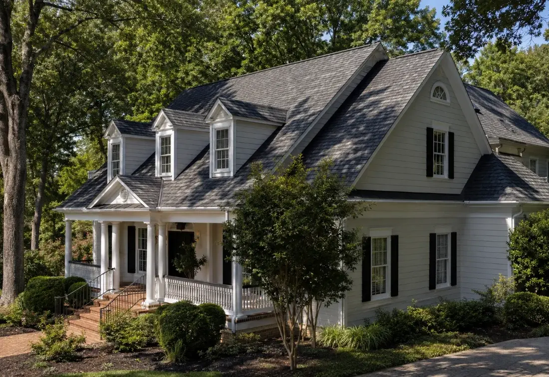 Red brick ranch home with a completed roof replacement